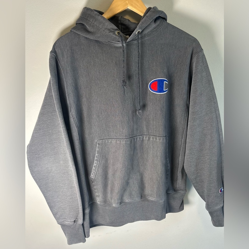 Vintage Champion Reverse Weave Mens Hoodie Dark Gray Sweatshirt Big Logo Size M - Picture 2 of 8
